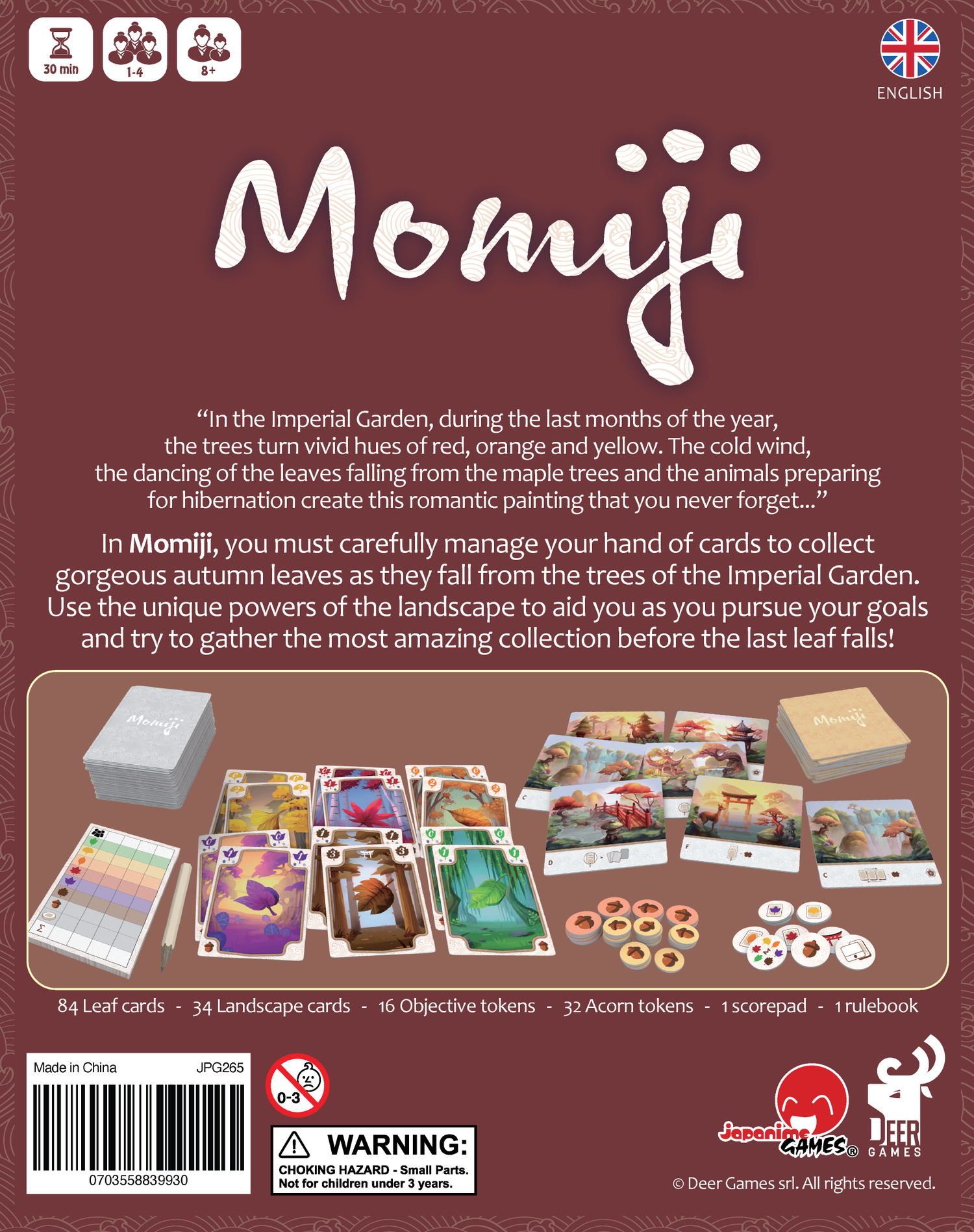 Back of the Momiji Japanese board game box
